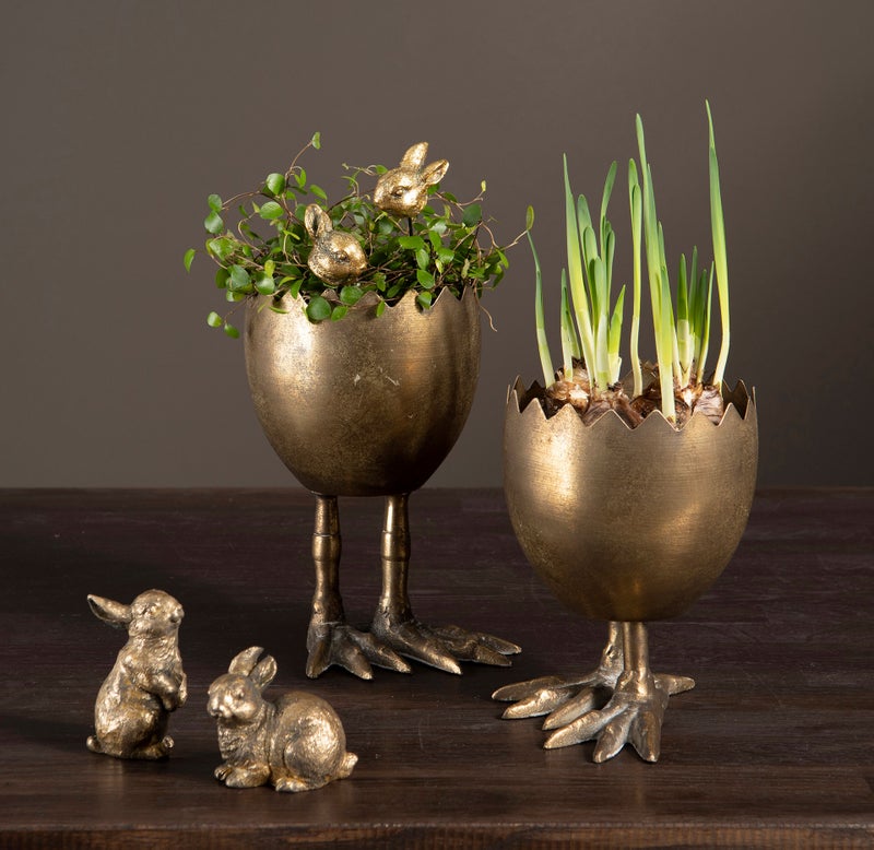 Kananmunakuoriruukku jaloilla, antiikkikulta, 2 kokoa