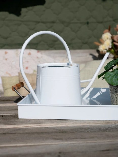 Valkoinen kastelukannu hohtaa auringossa.