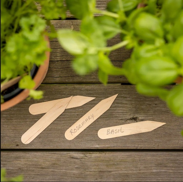 Puiseen nimikylttiin voi kasvien nimet kirjoittaa vaikka vett&auml;kest&auml;v&auml;ll&auml; kyn&auml;ll&auml;.