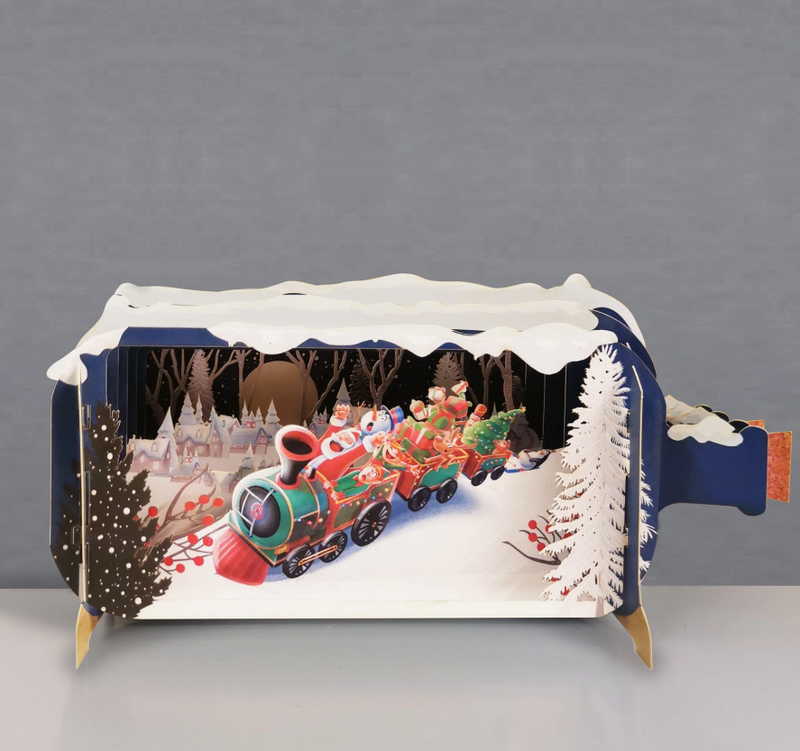 Pullopostia joulu 3D Pop up -kortti Joulupukki hurjastelee junalla