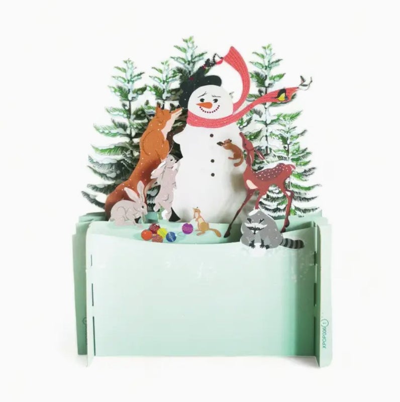 Joulu 3D Pop up -kortti lumiukko ja mets&auml;nel&auml;imet