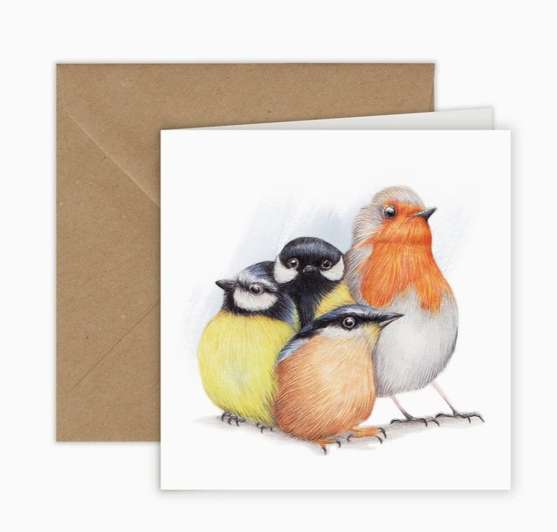 Kaksiosainen kortti, nelj&auml; p&ouml;rh&auml;kk&auml;&auml; lintua