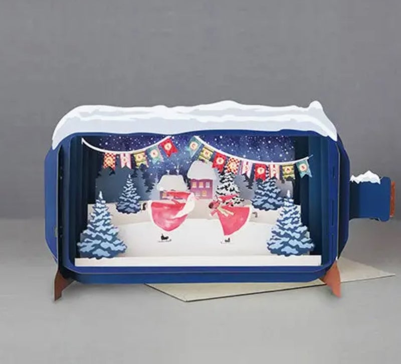 Pullopostia joulu 3D Pop up -kortti Pukki ja poro luistelemassa